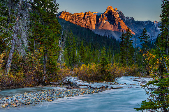 Yoho River - Sunset Mountain Golden Glow